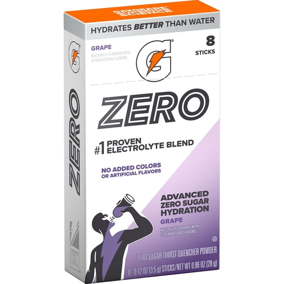 Gatorade Zero Sugar Grape, On the Go Packs, Electrolyte Powder Drink Mix, 0.12 oz, 8 sticks