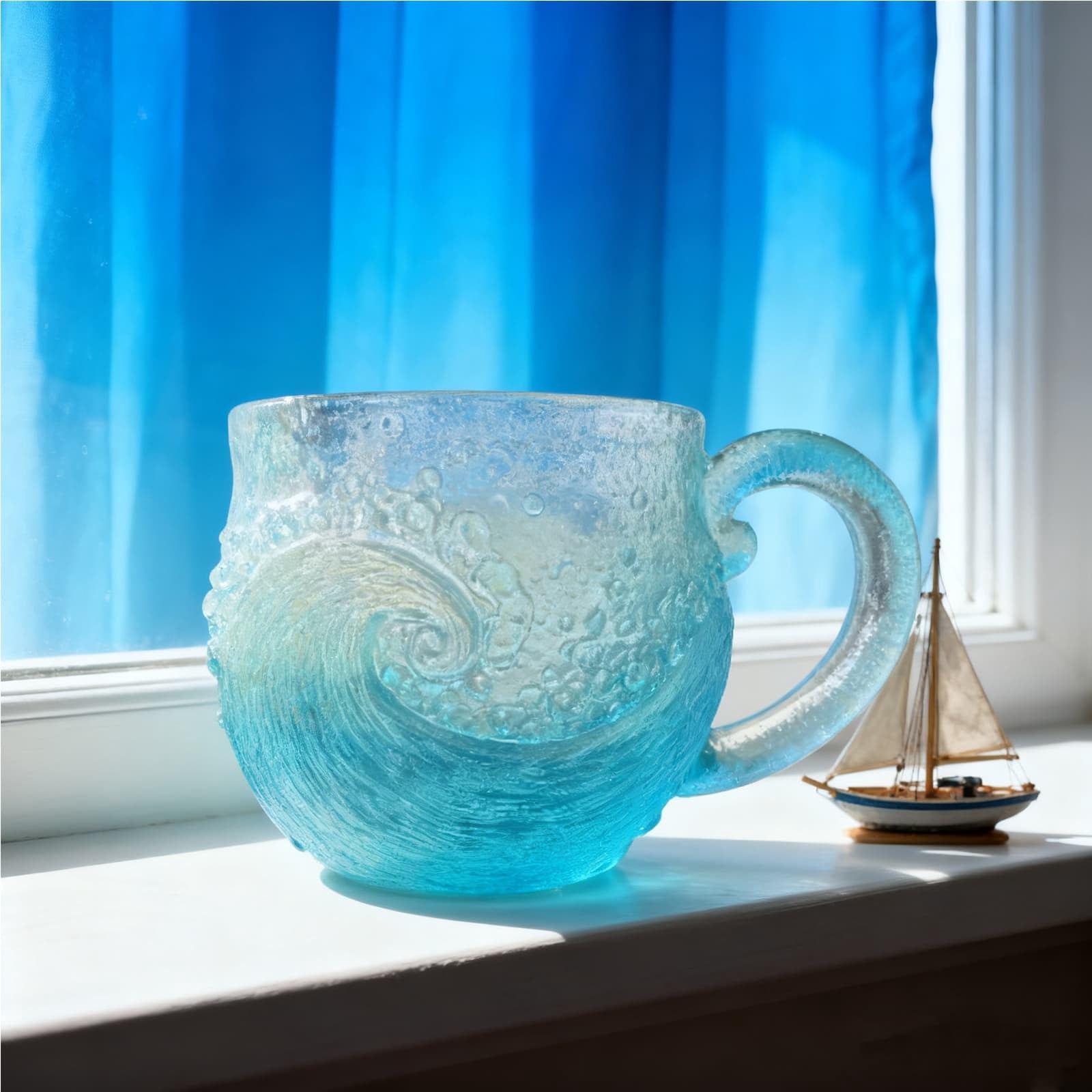Handblown Sea Wave Glass Mug Unique Textured Beach Theme Cup for Tea and Wine Creative Sea-Inspired Drinkware Artistic Gift for Collectors Home Kitchen Table Modern Coastal Design Comfortable Grip