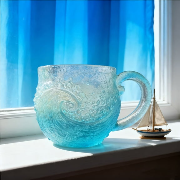 Sea Glass Wave Mug, Modern Sea Wave Mug, Pretty Handblown Glass Mug Cup, Durable Unique Beach Themed Mug for Tea Wine, Handcrafted Sea Inspired Drinkware Gift Supplies Table Decoration