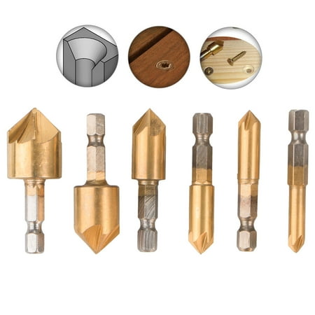 6 Pack Countersink Drill Bit Set, 1/4'' Hex Shank HSS 5 Flute 90 Degree Center Punch Tool Sets for Wood Quick Change Bit