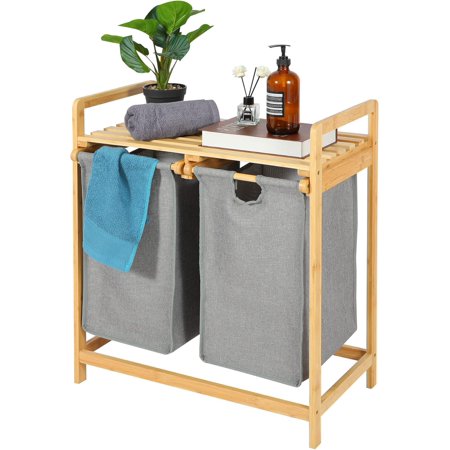 2 Sections Bamboo Laundry Hamper with Sliding Removable Bags, Wooden Freestanding Laundry Basket with Shelf, Laundry Sorter for Bathroom Living Room Bedroom Laundry Room, Gery