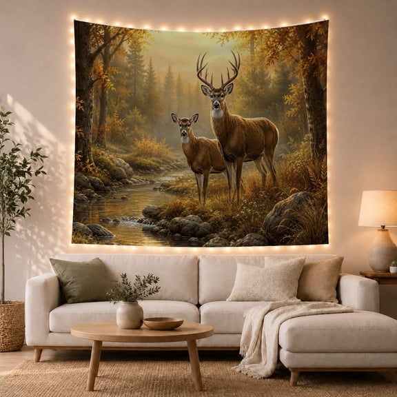 Painting Forest Tailed with Deer Realistic Harvest Toned, Mystical Fantasy for Space Lovers, Wall Decor, Thanksgiving Hostess Gift, Tapestry Wall Hanging for Dorm and Living Room