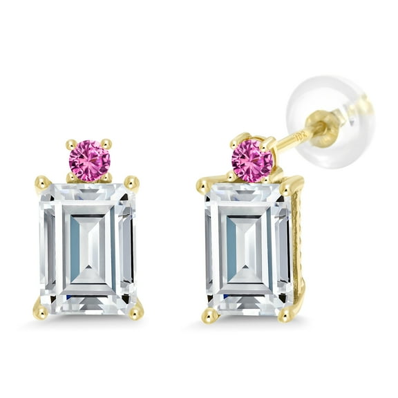 Gem Stone King 10K Yellow Gold Pink Created Sapphire Earrings Set with Moissanite (3.60 Cttw)