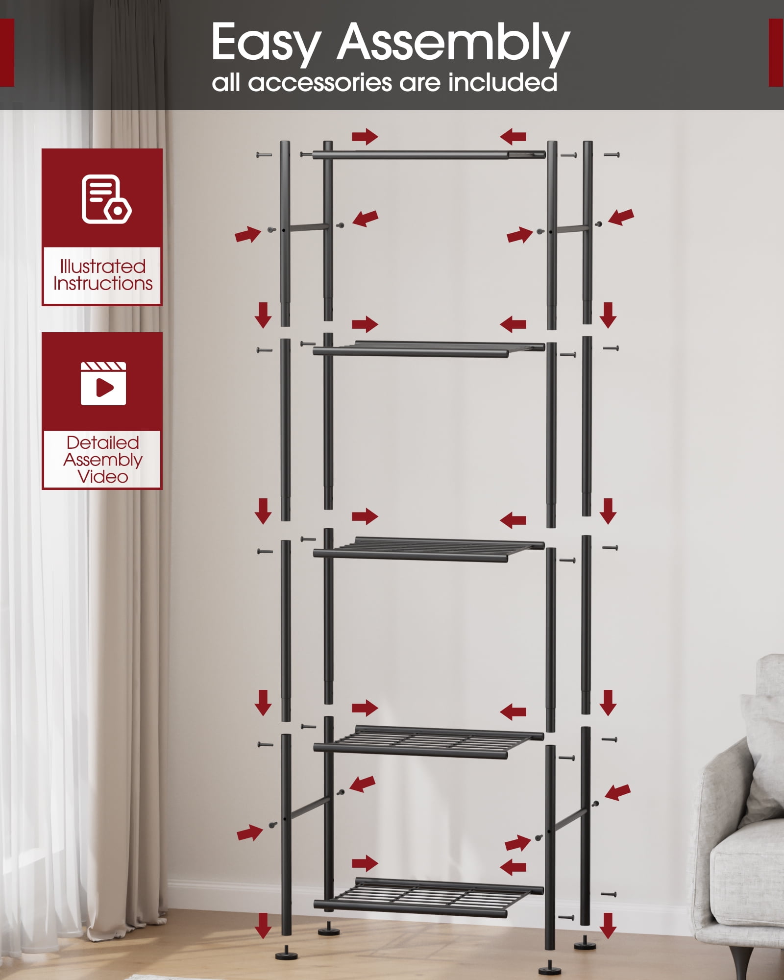 Sakugi 5-Tier Metal Storage Shelves, Adjustable Metal Shelves, 18" W x 12" D x 56" H, 500 lb Total Capacity, Rust-Proof Storage Rack
