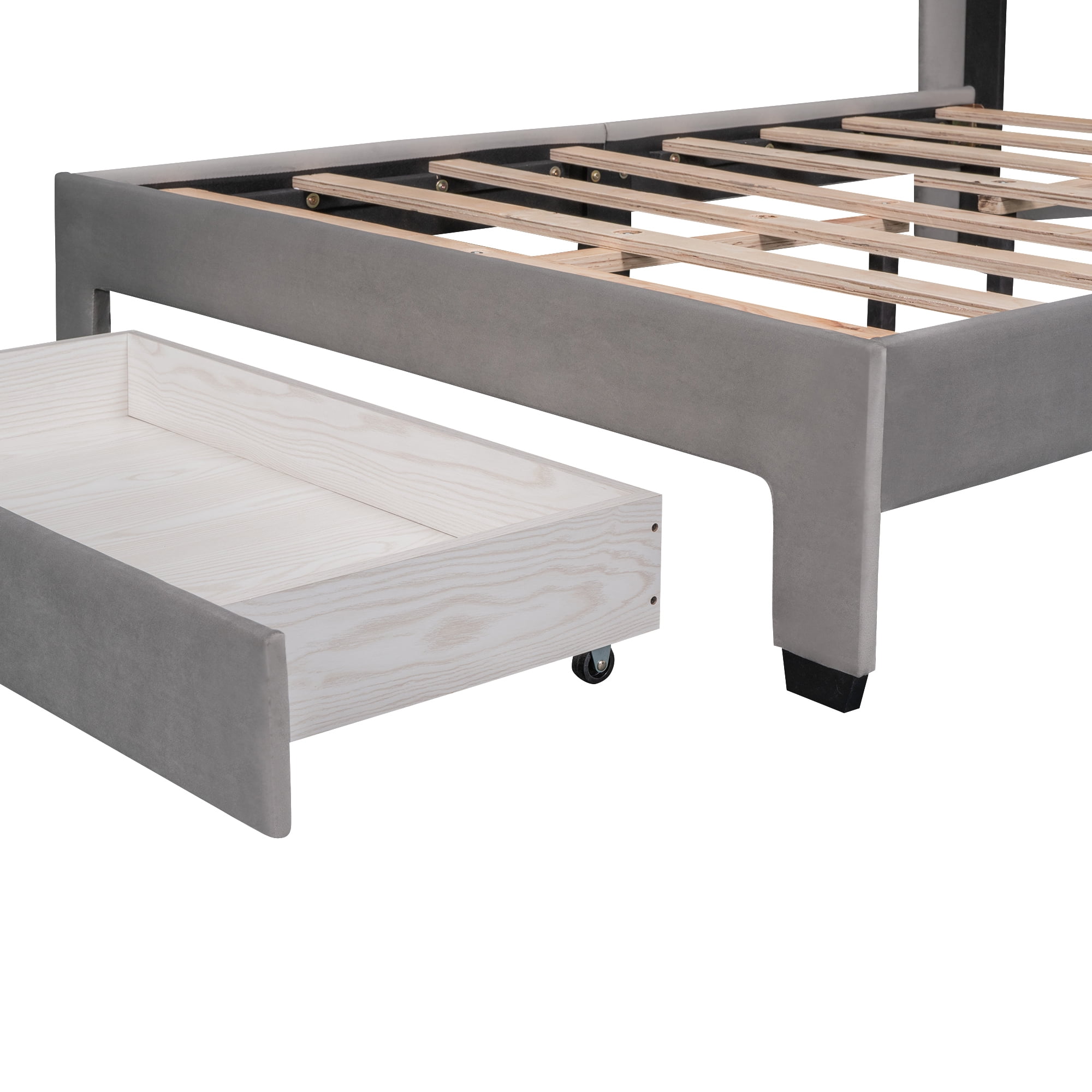 Leumius Full Size Platform Bed with A Storage Drawer,Velvet Upholstered Bed Frame with Wingback Vertical Channel Tufted Headboard,Gray