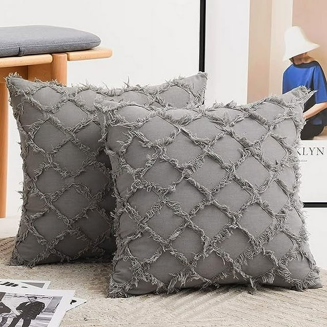Granjero Gordo Juego de 2 fundas de almohada decorativas, funda de cojín de jacquard de lino y algodón de 18 x 18 pulgadas, gris claro