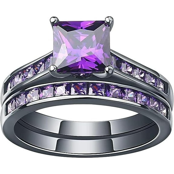 Divine Creation 925 Sterling Silver 3.50 Ct Princess Cut Purple Amethyst Wedding Engagement Thanksgiving Christmas Bridal Ring Set 14K Black Gold Plated For Women's -4.5