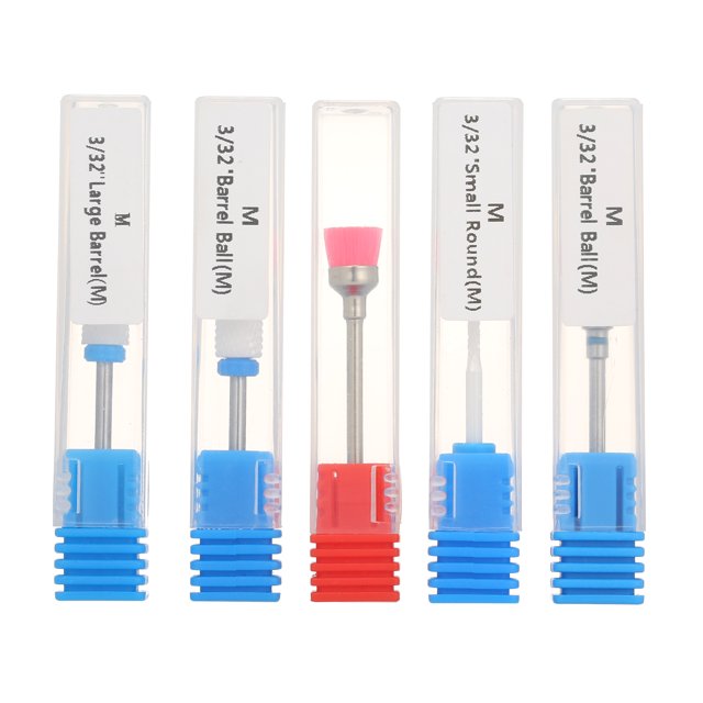 Juego Profesional de Fresas para Uñas de 5 Piezas, 3/32'' (M), Herramientas de Pulido y Limpieza, Ideal para Uso en Casa y Salón, Incluye Caja de Almacenamiento Transparente.