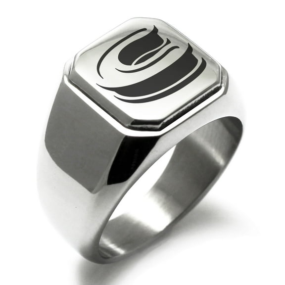 Stainless Steel Letter C Initial 3D Monogram Engraved Engraved Square Flat Top Biker Style Polished Signet Ring