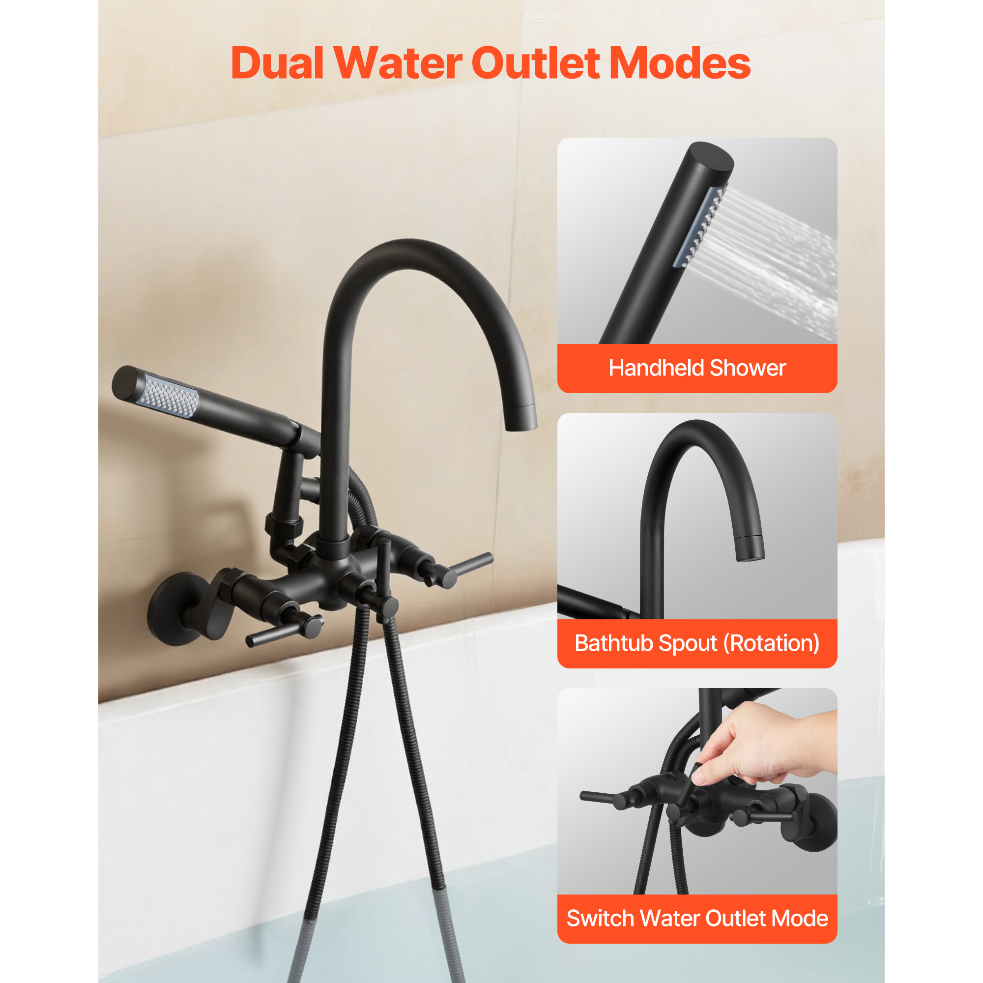 KFFKFF Wall-Mounted Clawfoot Tub Faucet with Handheld Shower, Vintage Matte Black Bathtub Filler Kit Featuring Adjustable Swing Arms & Rotating Gooseneck Spout for Bathtubs