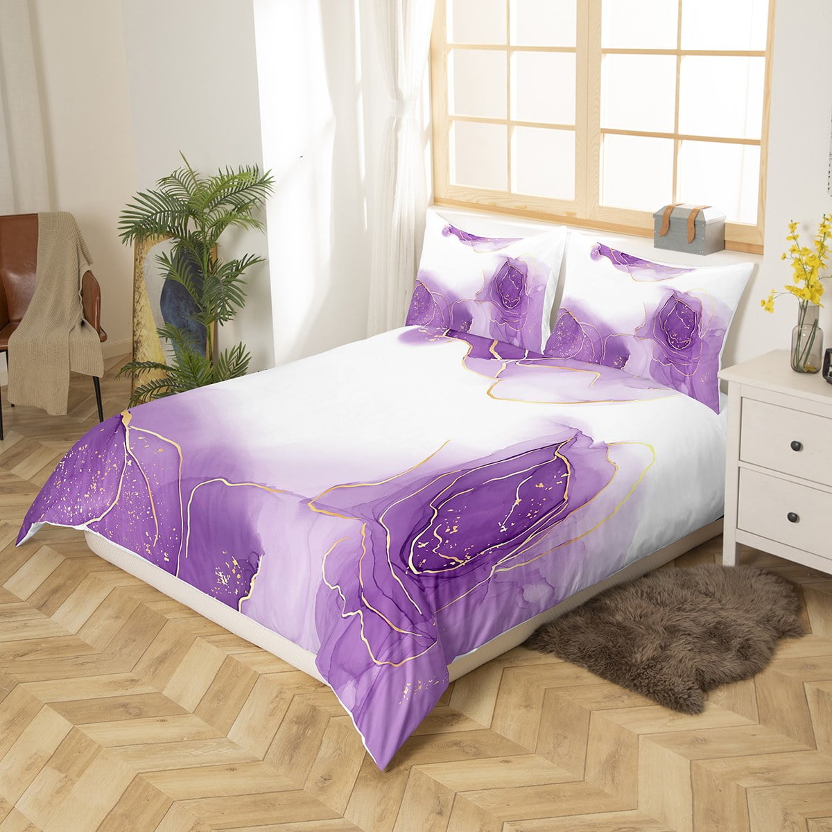 YST Romantic Rose Duvet Cover for Girls Adult Purple White Ombre Bedding Set Marble Comforter Cover King Size Golden Metallic Marble Art Bed Sets with 2 Pillowcases Bedroom Decor Walmart