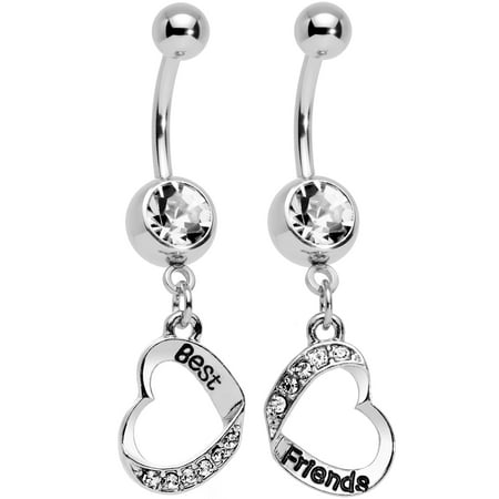 Body Candy Stainless Steel Clear Accent Best and Friends Matching Heart Dangle Belly Ring