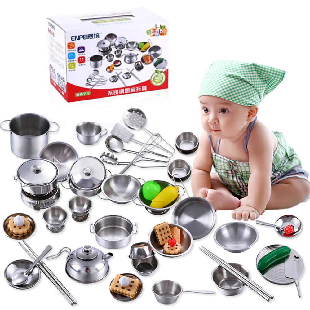16pcs Childrens Kids Play kitchen Toys Set Food Stainless Steel Cooking Utensils 