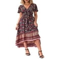 thumbnail image 3 of Robe Boho Longue d'Été pour Femmes à Manches Courtes V Cou Irrégulière Ourlet Cravate Robe Florale, 3 of 7