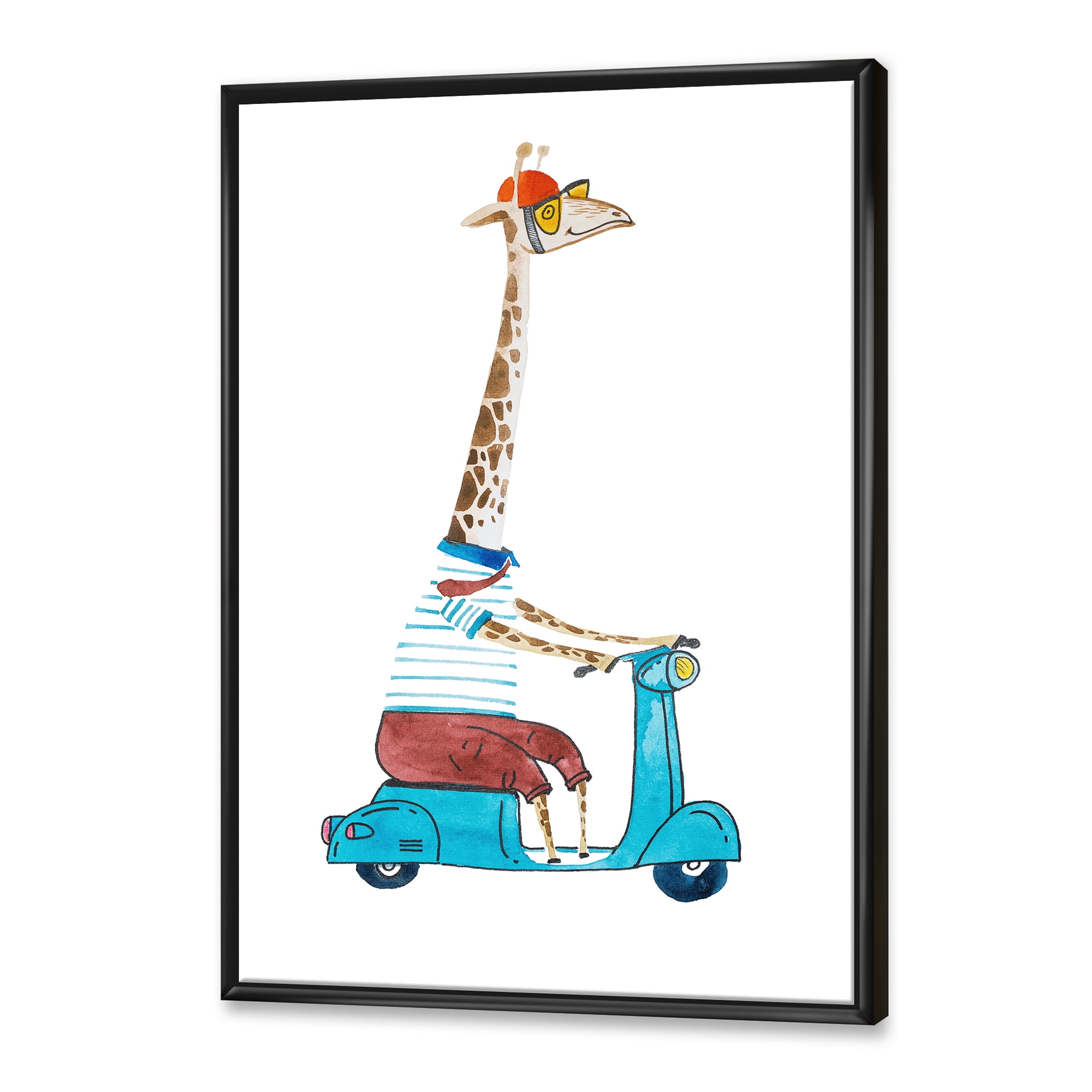 Designart 'Giraffe Dressed Up Wearing Helmet & Riding Blue Scooter' Children's Art Framed Canvas Wall Art Print