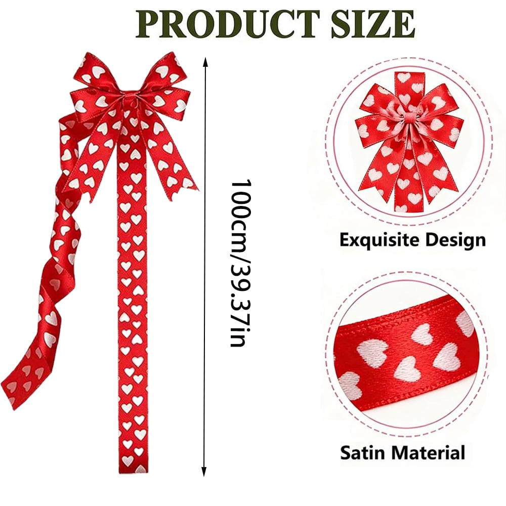 6Pcs Valentines Day Cabinet Ribbon Bows Set Heart Print Fabric Bows for Window & Kitchen Decorations, Party Supplies(Red Love)