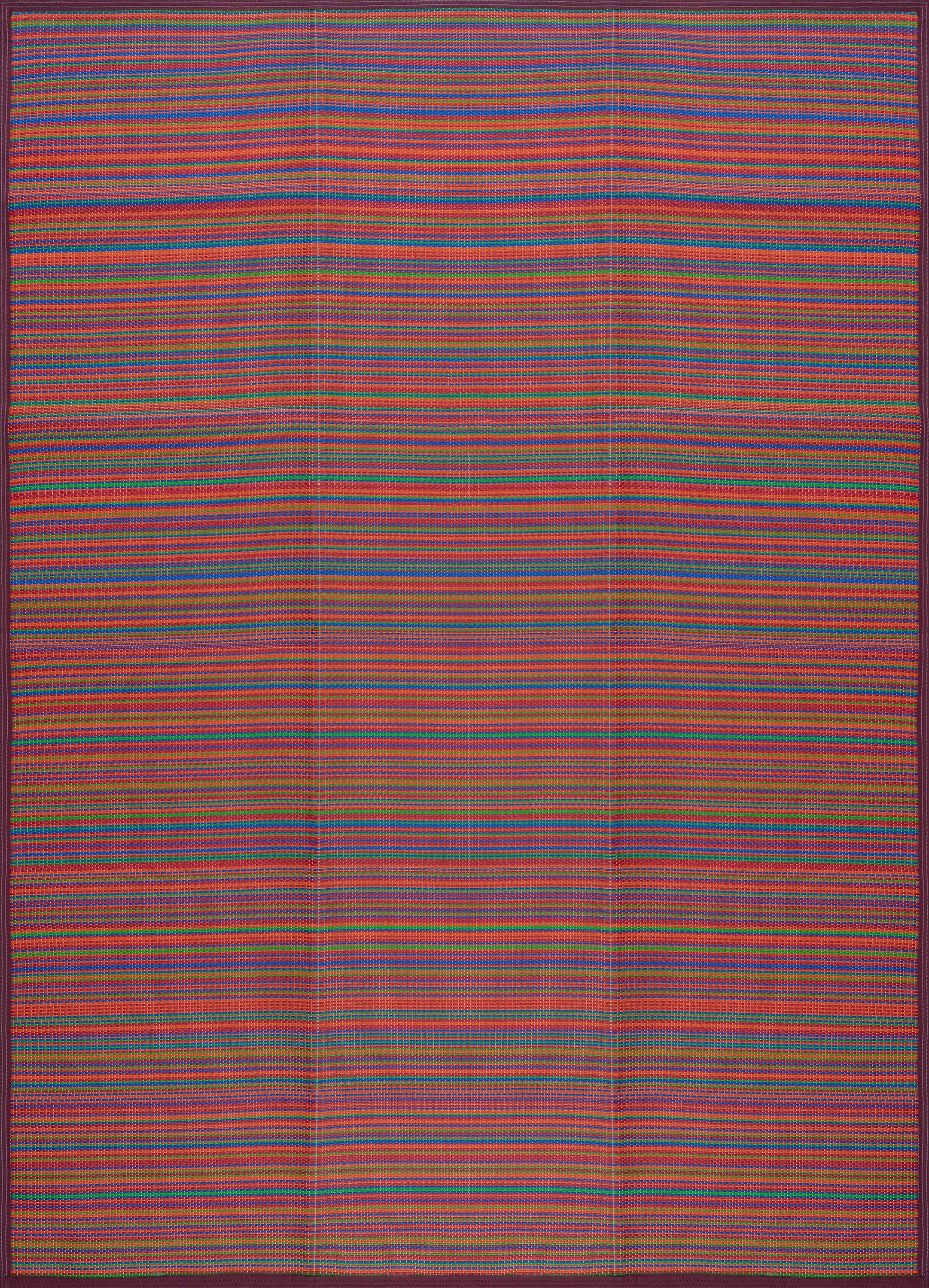 Luna Contemporary Stripe Red and Blue Polypropylene Reversible Plastic Straw Outdoor Area Rug, 5' x 6'11'' Rectangle