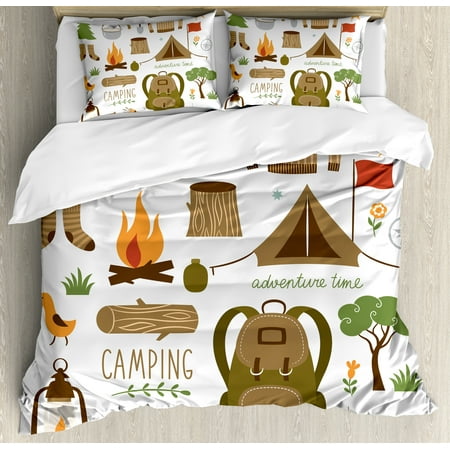 Adventure Queen Size Duvet Cover Set, Camping Equipment Sleeping Bag Boots Campfire Shovel Hatchet Log Artwork Print, Decorative 3 Piece Bedding Set with 2 Pillow Shams, Multicolor, by Ambesonne