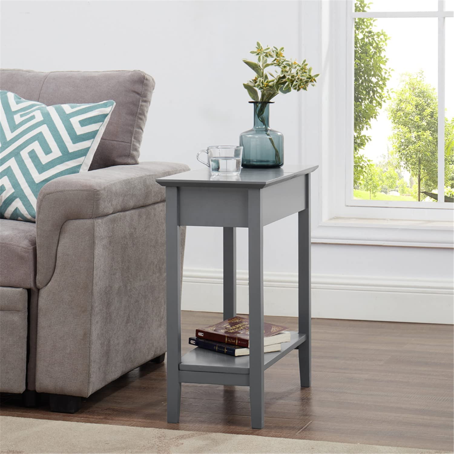 Homestock Cream Narrow End Table with Storage, Flip Top Narrow Side Tables for Small Spaces, Slim End Table with Storage Shelf, Ivory