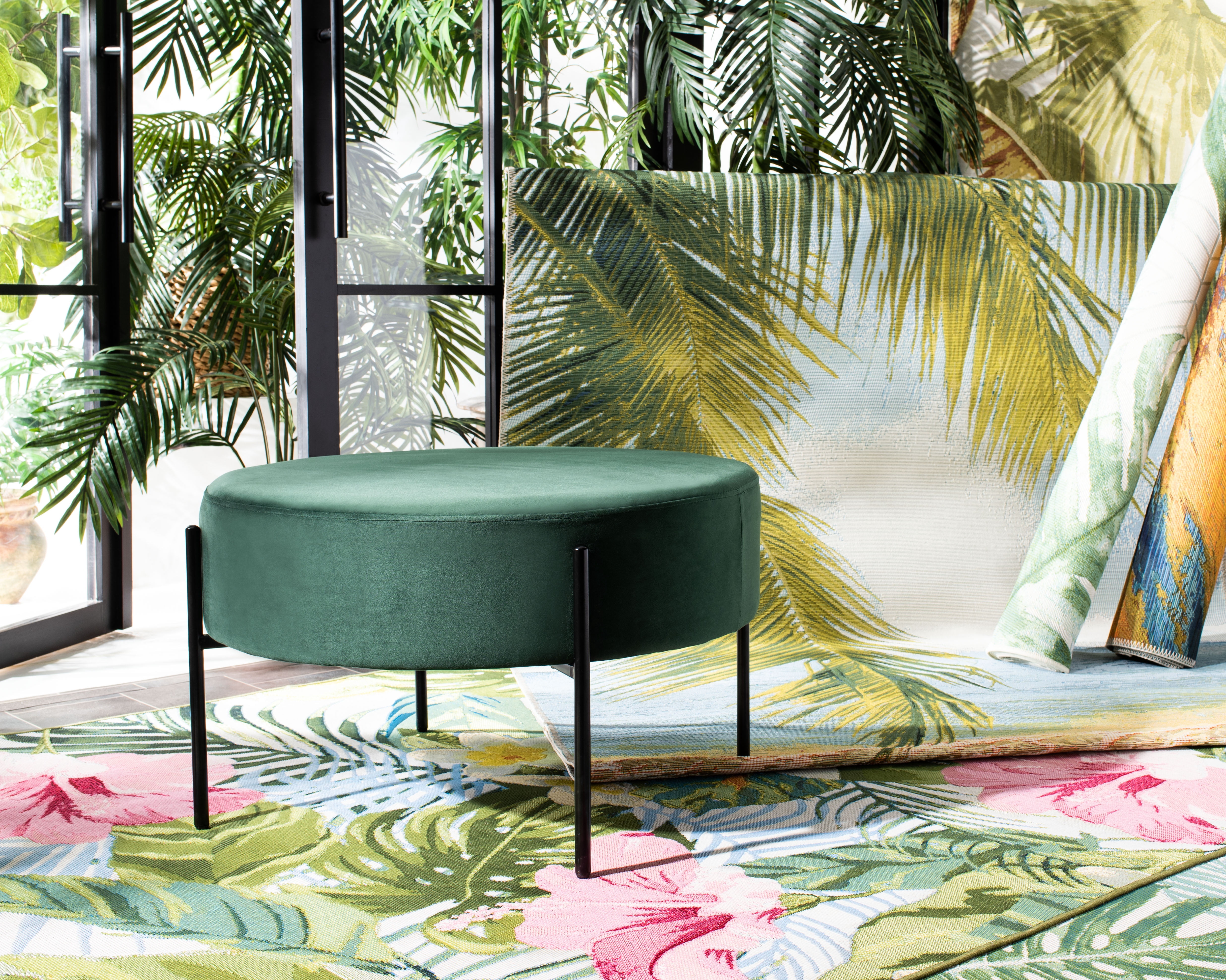 SAFAVIEH Lisbon Modern Glam Round Cocktail Ottoman, Malachite Green