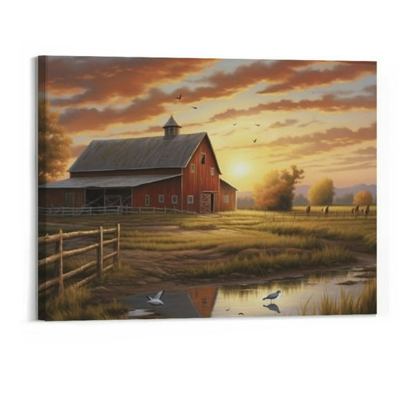 Creowell Rustic Barn Wall Decor, Barn Picture Canvas Wall Art for Farmhouse Living Room Wall Decor, Farm Landscape Canvas Prints,House Painting Framed Artwork for Country Home Wall Decor 20x16 Inch
