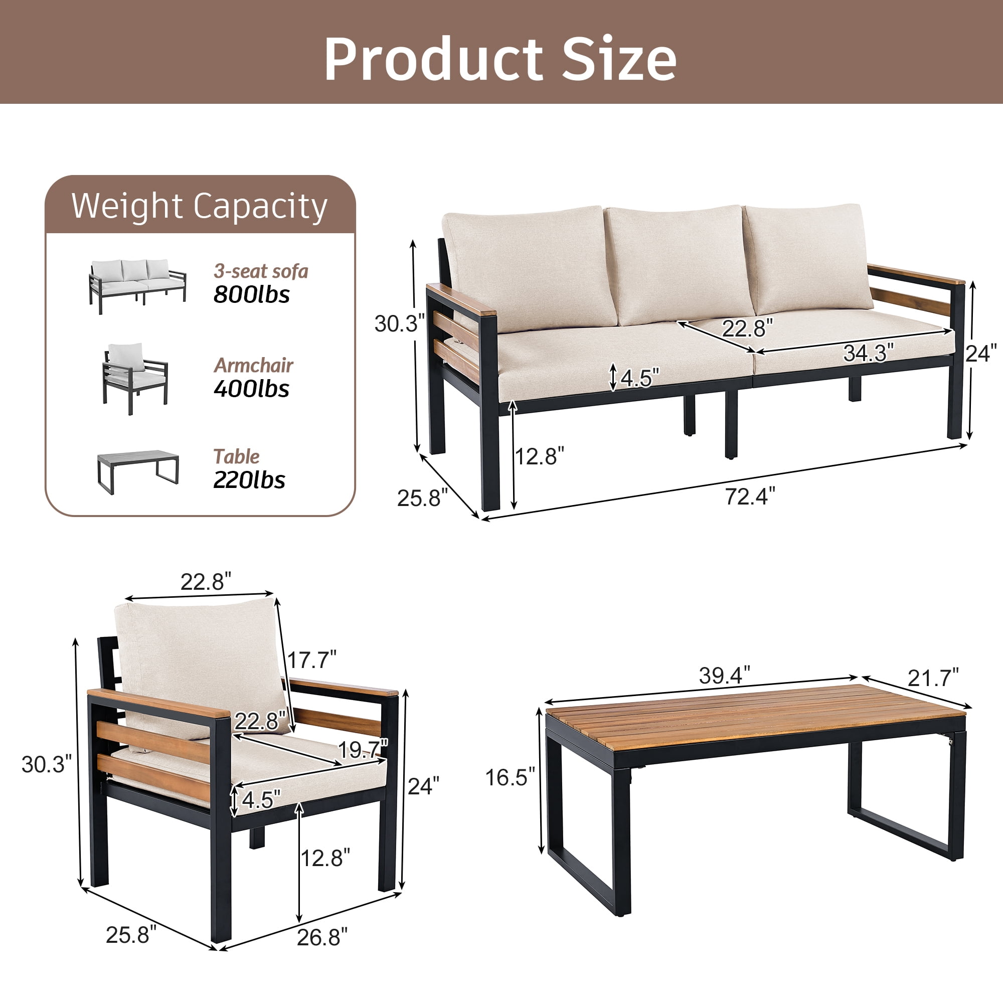 Leumius 4 Pieces Patio Furniture Set,Outdoor Patio Conversation Set with Removable Cushion and Solid Wood Coffee Table for Poolside, Backyard,Garden,Beige