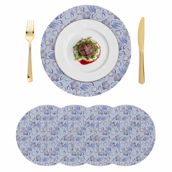 Coastal Seashells Round 13 Inch Placemats Set of 4, Summer Nautical Coral Vintage Rustic HeatResistant Non Slip Place Mats for Dining Table, Wipeable Braided Kitchen Table Mats for Housewarming