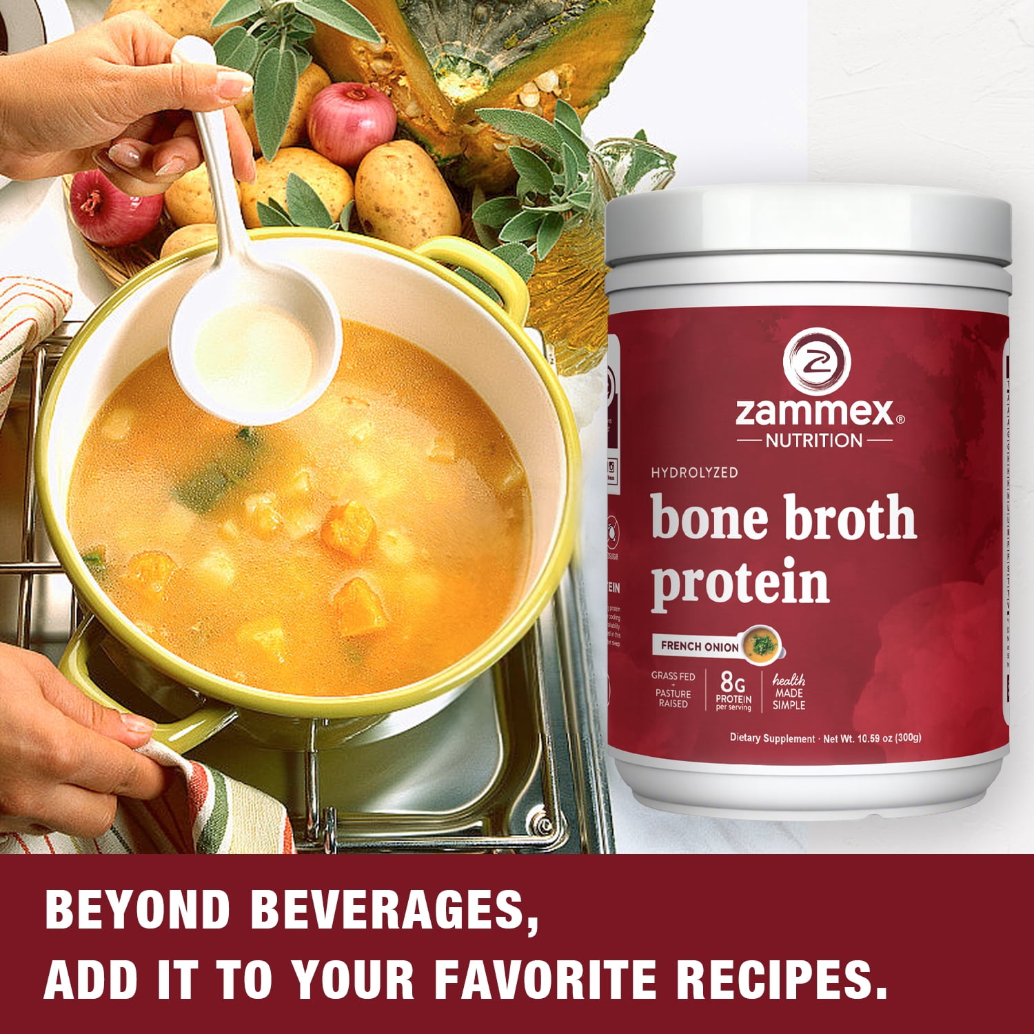 Zammex Bone Broth Protein Powder,Onion  Flavor 10.49 oz, Grass Fed Beef Bone Broth Protein Powder with Hydrolyzed Collagen Peptides, 30 Servings