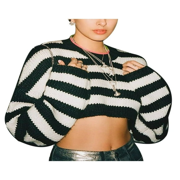 Women Loose Style Sweater Black White Stripe Pattern Collar Knitted Crop Tops S/ M