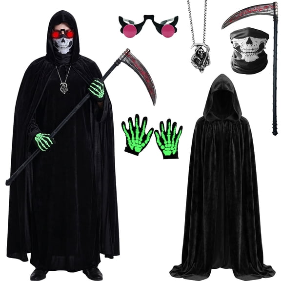 Forfamy Grim Reaper Costume Adult Halloween Parties Costume Fancy Dress, Scary Halloween Costumes Hooded Cloak Black Velvet Cloak with Gloves,110