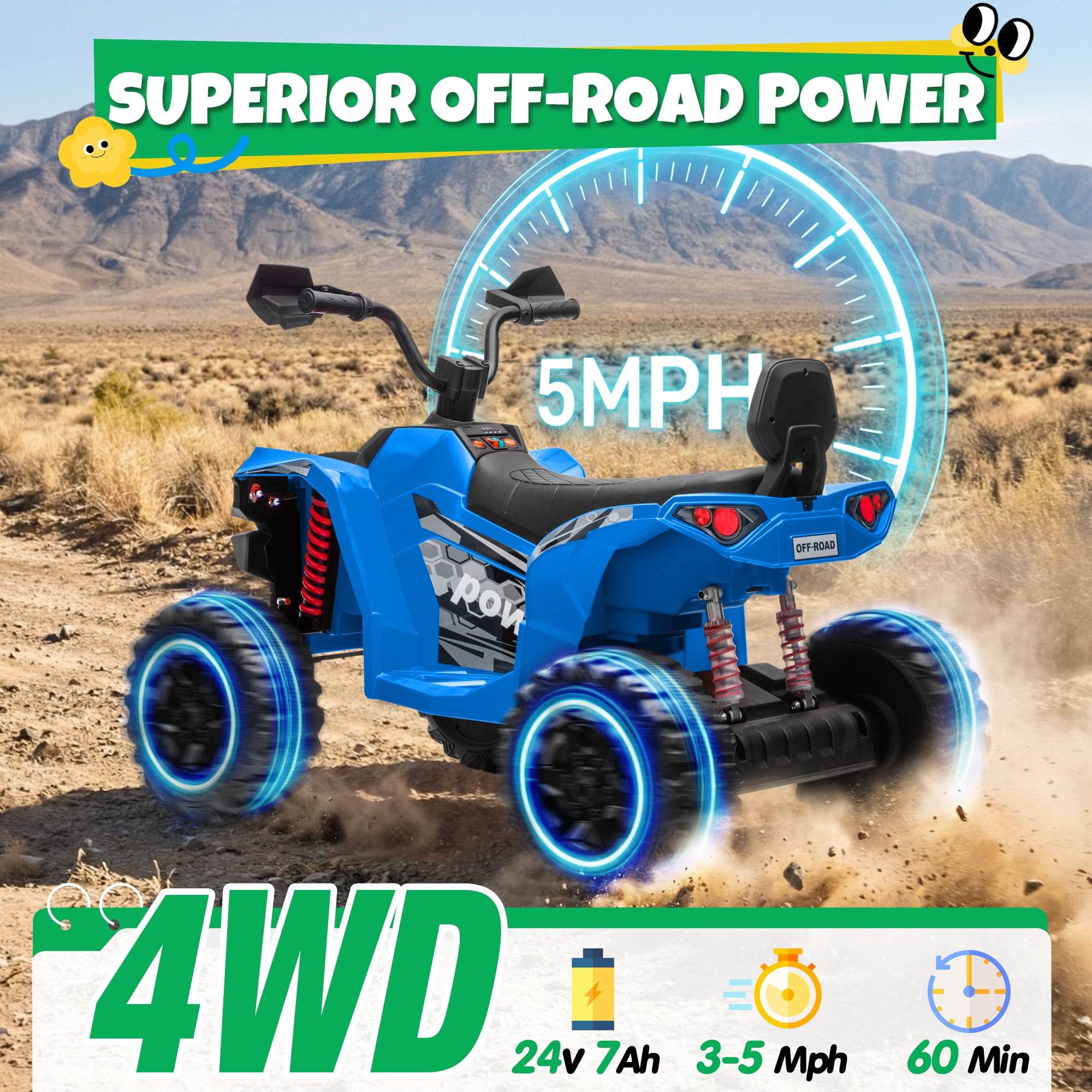 24V Kids Ride On ATV for Ages 3-8, 4WD Electric Quad with 4 Motors, Bluetooth Music, LED Lights, Spring Suspension, 3-5 km/h, 110 lbs Capacity, Battery Powered Toy for Boys Girls, Blue