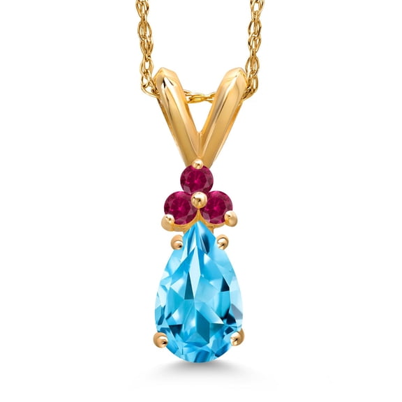 Gem Stone King 14K Yellow Gold Swiss Blue Topaz and Red Created Ruby Pendant Necklace for Women | 0.83 Cttw | Gemstone November Birthstone | Pear Shape 7X5MM | With 18 inch Chain