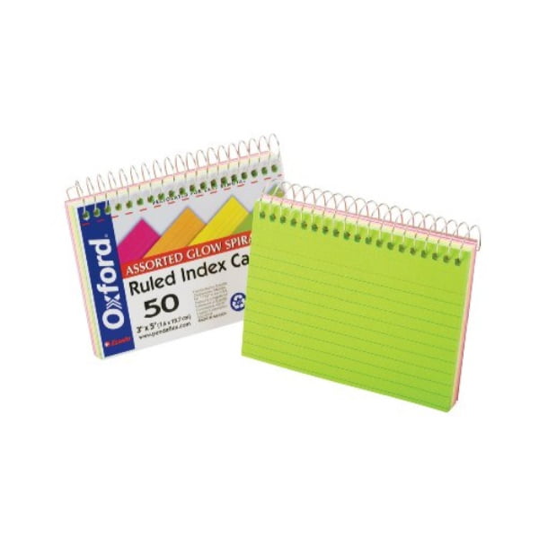 oxford spiral bound glow index cards, 3" x 5", ruled, assorted bright colors, 50 cards per book