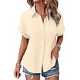 thumbnail image 4 of YDFCWXW Button Down Dressy Shirts for Womens Gauze Shirts Casual Short Sleeve Textured Collared Summer Work Blouse Clothes Beige, M, 4 of 8