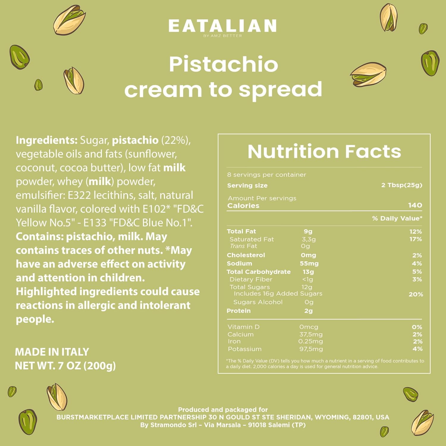 EATALIAN by AMZ BETTER Pistachio Cream, 2.2 lb/1000 g, Delicious Spreadable with a Sweet and Unique Taste, Ideal on Bread and with Ice Cream, Excellent for Dubai Chocolate, Made in Italy