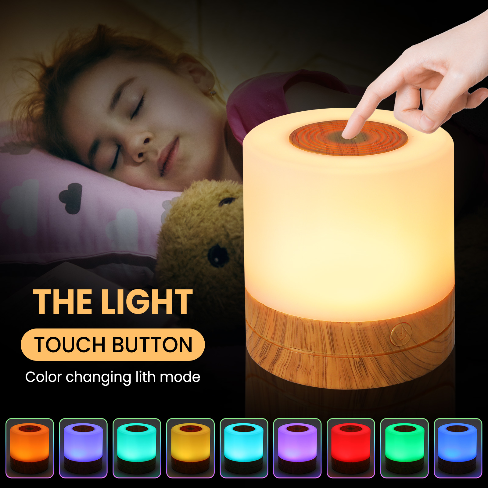 Night Light Touch Sensor Lamp Mini Bedside Table Lamp with Remote, 16 Colors RGB, USB Rechargeable, Portable Dimmable LED Night Light for Bedroom, Living Room