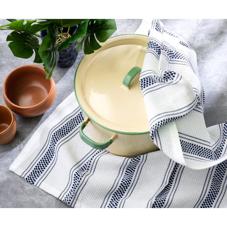 All Cotton and Linen Kitchen Towels Cotton Dish Towels Farmhouse Kitchen Towels White & Navy, 6 Pack, 18 x 28 inch, Blue