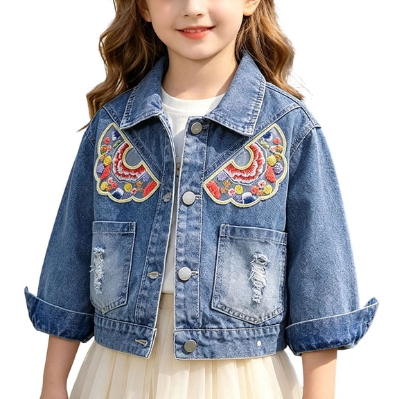 Girls Denim Jacket Pearl Rhinestone Kids Lapel Button Down Long Sleeve Casual Jean Coat Blue E 13-14 Years