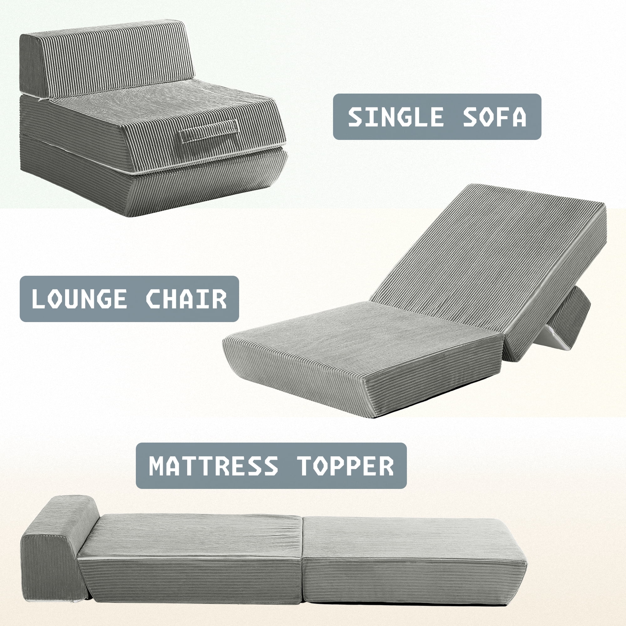 Alvantor Folding Sofa Bed, Convertible Sleeper Chair with Removable Back Pillow and Carry Handles, Portable Fold Out Floor Sofa for Living Room, Bedroom, Dorm, Single, Light Gray