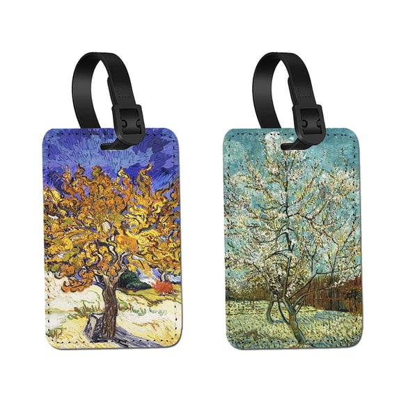 WIRESTER 2pcs Set PU Leather Luggage Tags Privacy Label Flap for Travel Suitcase Baggage - Van Gogh Mulberry, The Pink Peach Tree By Vincent Van Gogh
