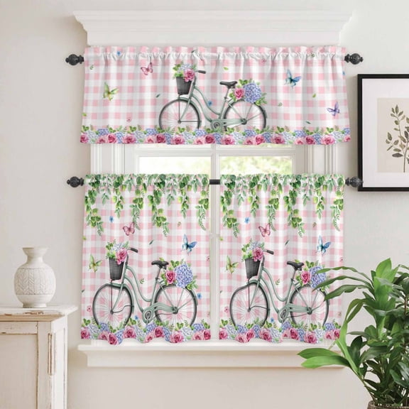 Kitchen Window Curtains Valance and Tier Set, Spring Roses Jugal Leaves Rod Pocket Tier Curtain Valance Set, White Pink Plaid Bike Light Filtering Cafe Curtains for Bedroom Living Room