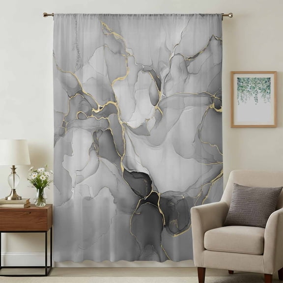 Grey Ombre Marble Sheer Curtains 45 Inches Long, Gray Marble Crack Abstract Modern Light Filering Curtains, Breathable Simi Curtain Privacy Drapes for Kitchen Bathroom Small Window Treatment