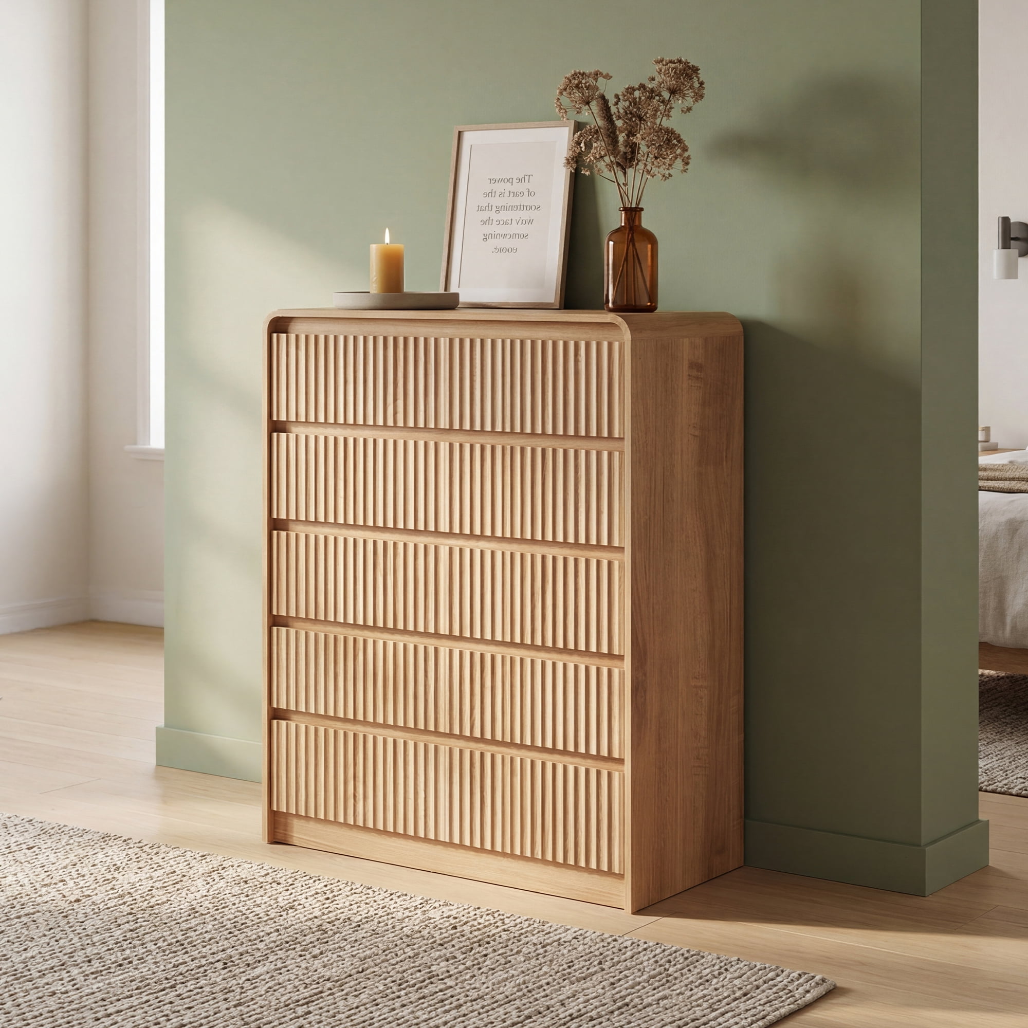 YDN Modern Fluted 5 Drawers Dressers for Bedroom with Drawers - 31.5" Wooden Tall Chest of Drawers, Curved Dresser Storage Organizer with Anti-Tip for Closet Hallway, Entryway, Living Room, Natural
