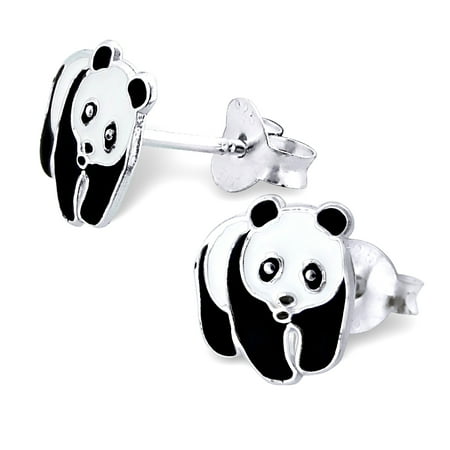 Teddy Bear Enamel Earrings - Cuddely Children's Panda Bear Earrings in Black and White Enamel over Sterling Silver
