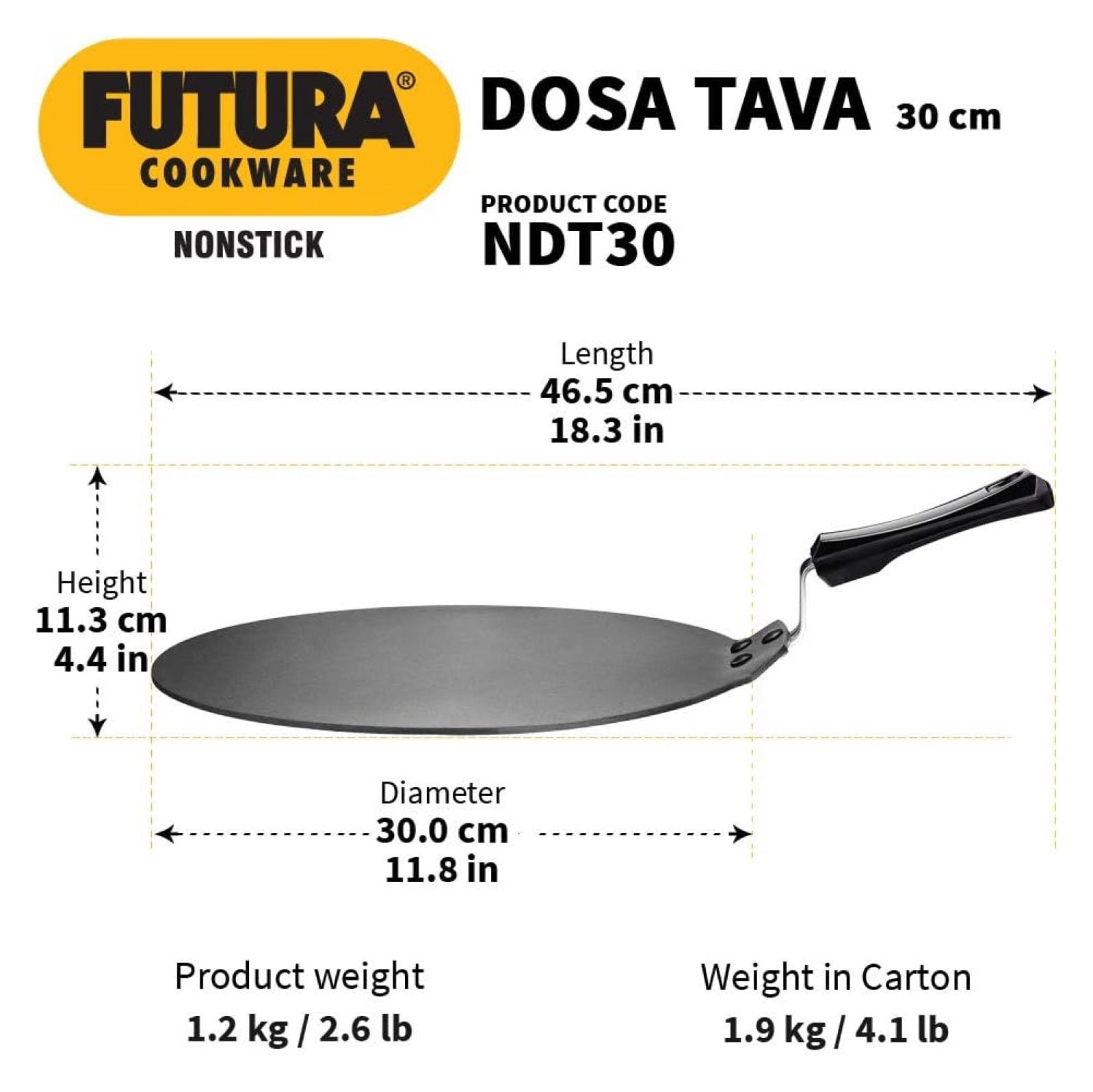 30 cm Dosa Tava, Non Stick Dosa Tawa, Flat Dosa Tawa, Black (NDT30)
