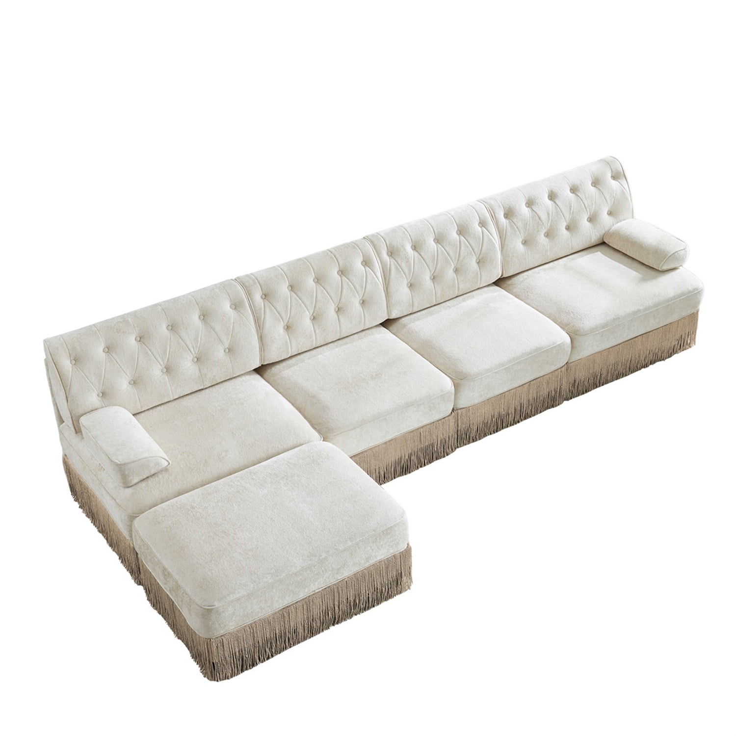 Hommoo 4-Seater Chesterfield Style Velvet Fabric L-Shaped Sectional Sofa, Tufted Button Upholstered Design and Floor-grazing Tassel, Free Combination Sofa Couch Set, for Home, Beige