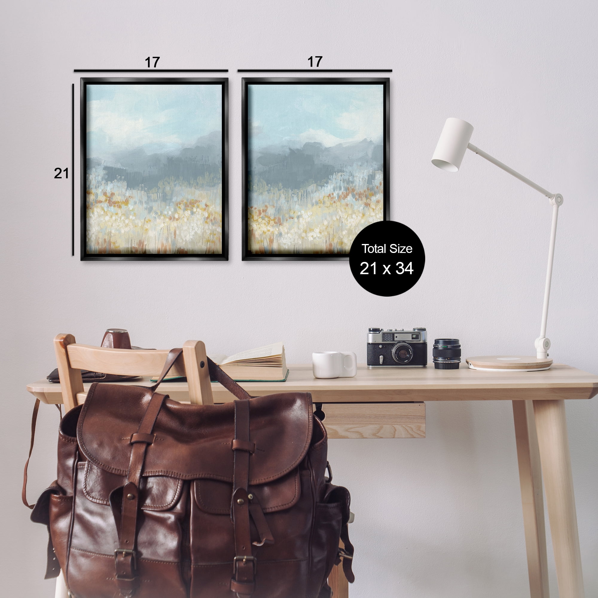 Stupell Industries White Flower Field Mountains Landscape & Nature Painting Black Floater Framed Canvas Art Print Wall Art, 17 x 21, Set of 2