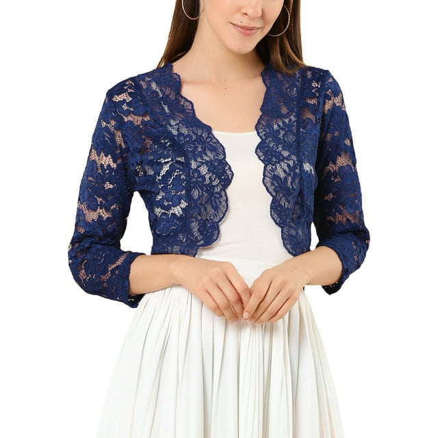 INSPIRE CHIC Juniors Elegant 3/4 Sleeve Sheer Lace Floral Open Front Shrug Top
