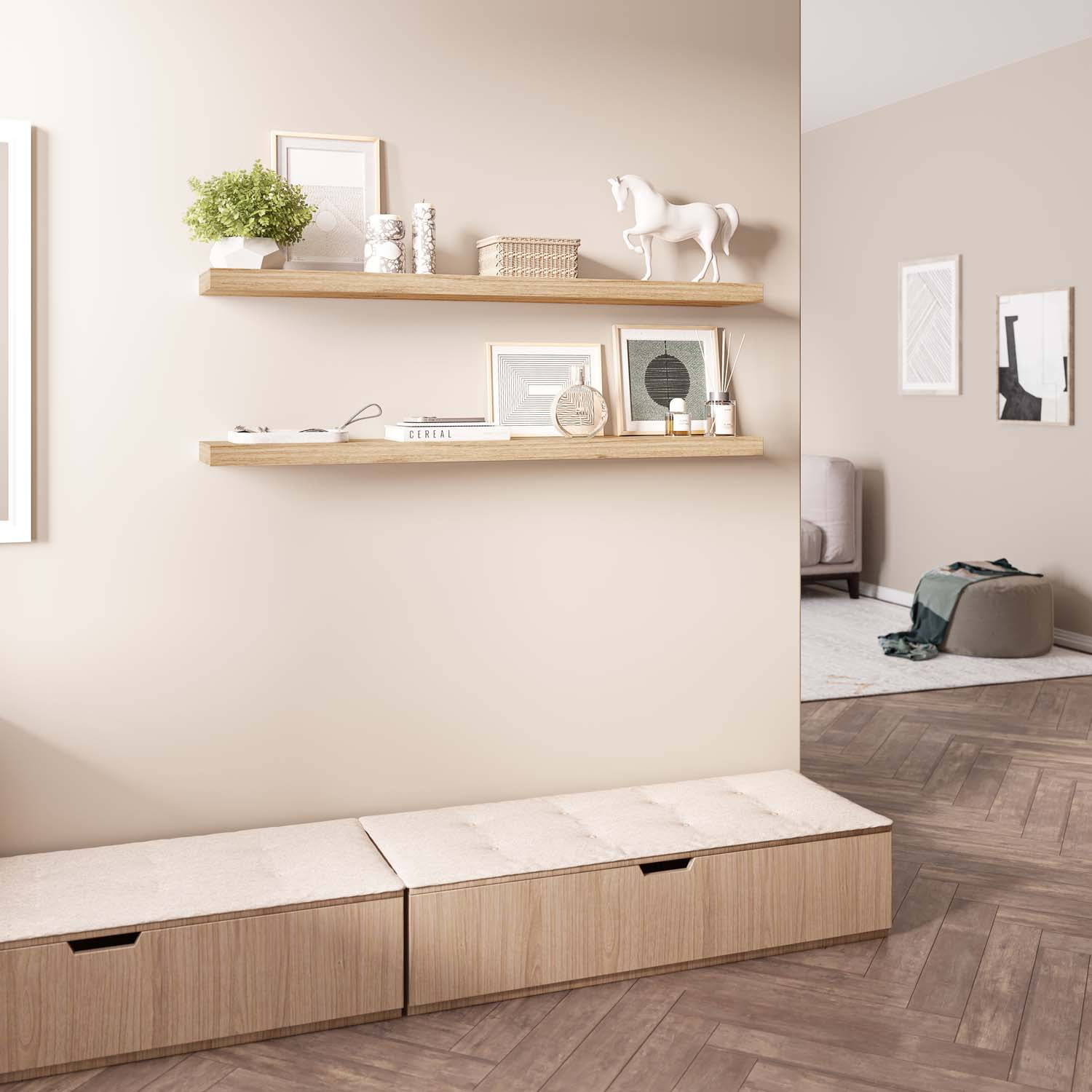 Ballucci 48" Floating Shelves, 2-Pack Wood Wall Shelf Set with Invisible Brackets, 8" Deep, Oak Finish