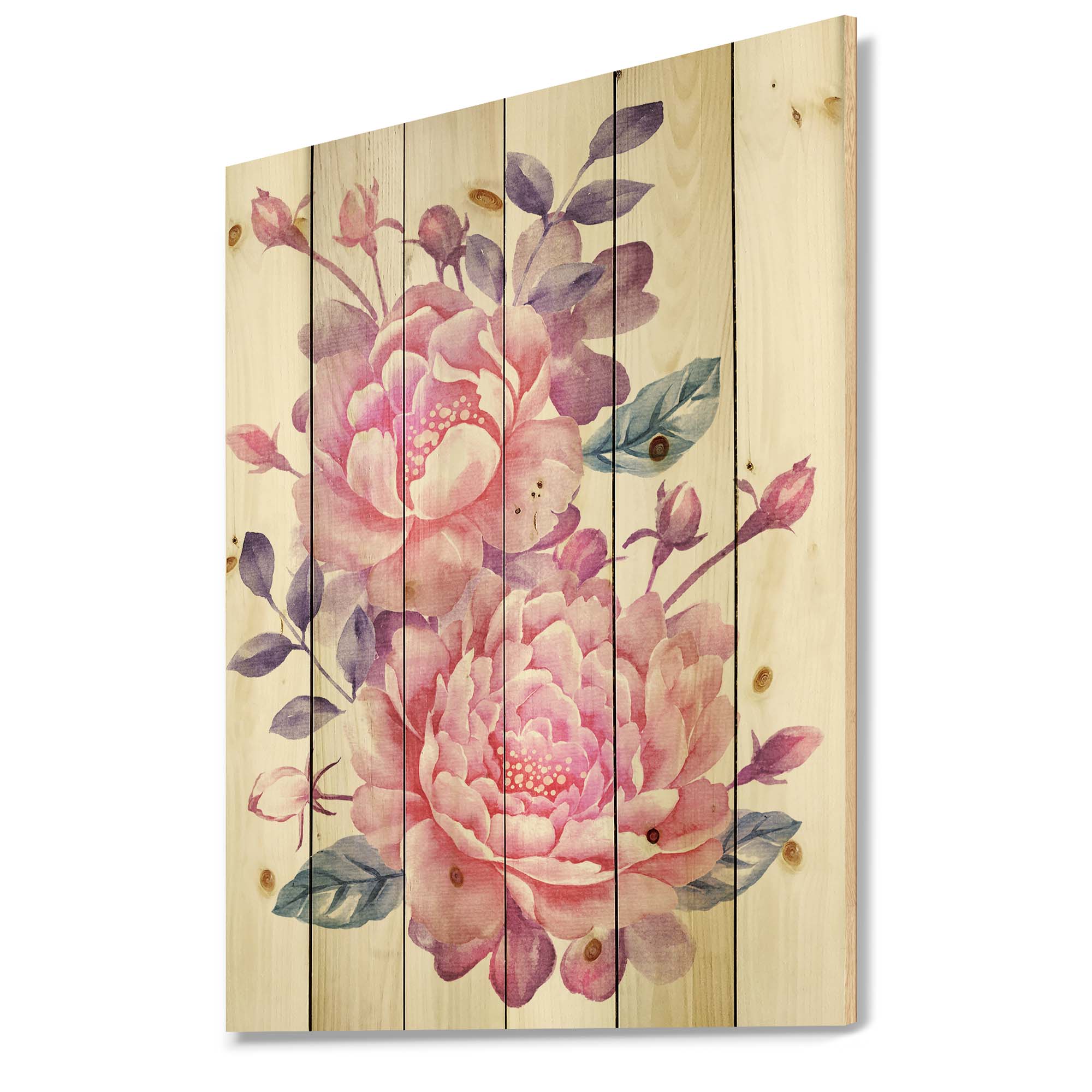 Designart 'Pink Retro Flowers With Blue Leaves On White' Traditional Print on Natural Pine Wood